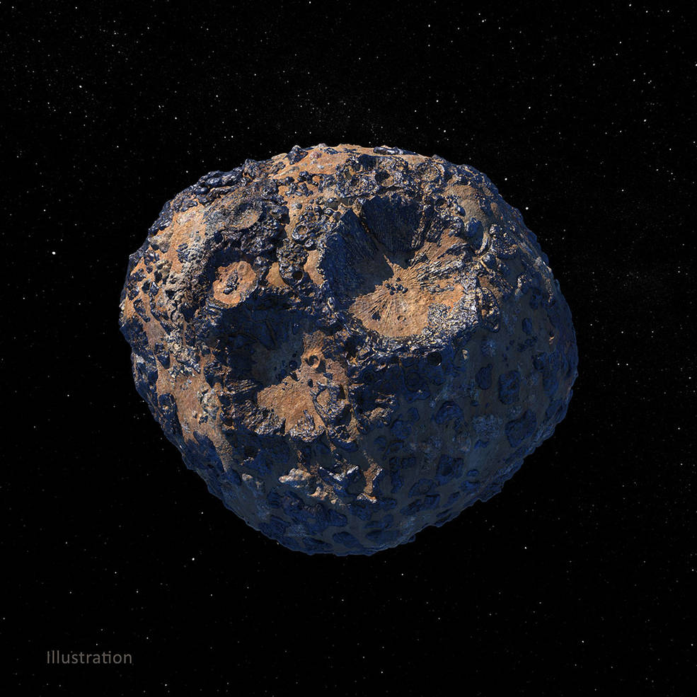 Image 1.4: Artist's illustration of the Psyche spacecraft approaching the metallic asteroid 16 Psyche.