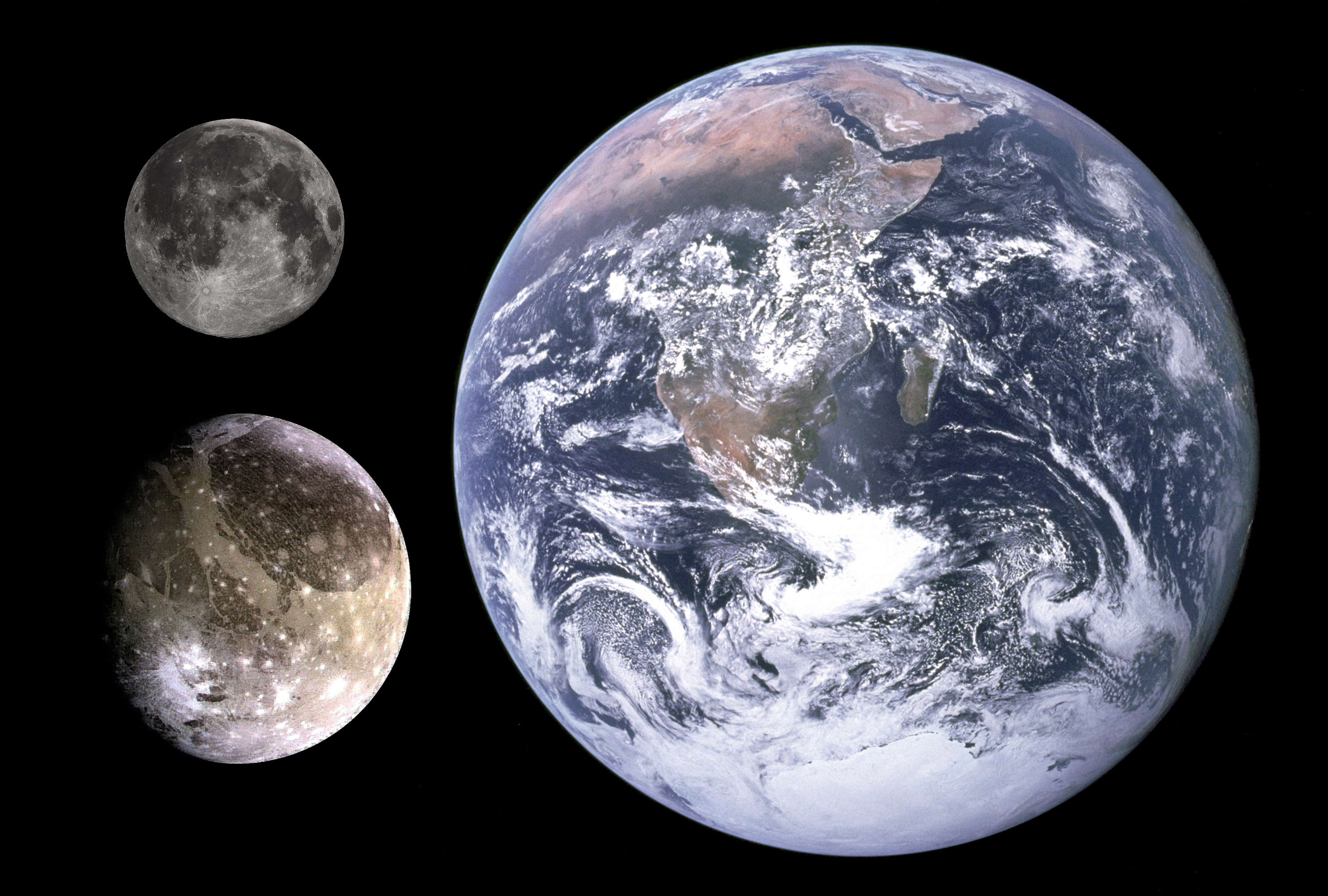 Image 1.5: Size comparison of Ganymede, Earth, and the Moon, showing Ganymede as larger than Mercury.