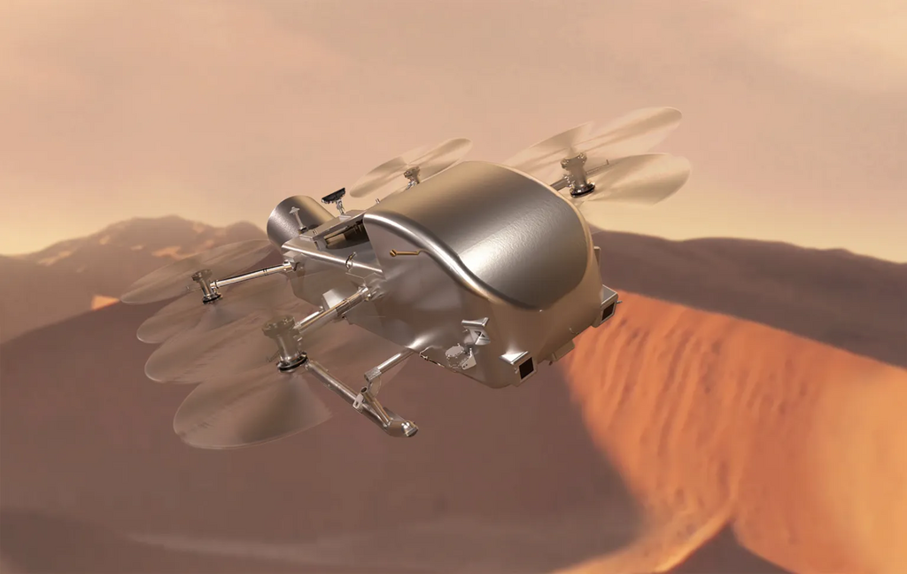 Image 1.6: Artist's concept of NASA's Dragonfly rotorcraft lander on the surface of Titan.